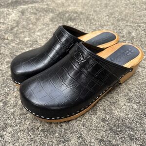 Bjork Swedish Black Croco Leather Mule Clogs Womens 40 (US 9) Wood Platform Shoe